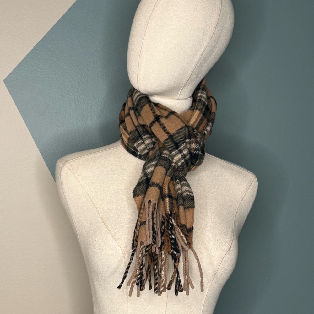 Vintage Camel Plaid Wool Scarf Classic Tartan Fringe Neutral Winter - Picture 4 of 8
